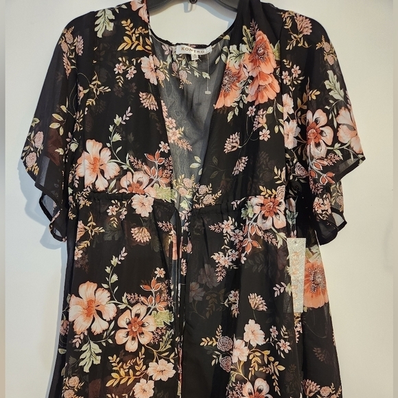 KontroL Jackets & Blazers - KontroL Contemporary Kimono Cover-up Black Peach Floral S Elastic Tie Waist Dark